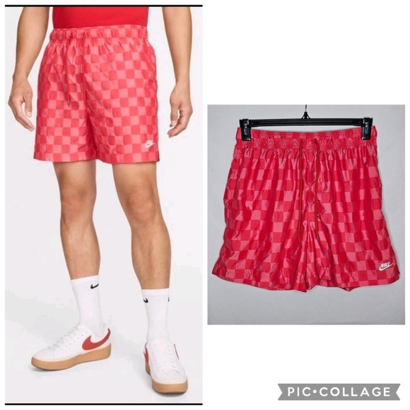 Men Nike FN3098 Club Flow Shorts University Red Drawstring Pockets Check Nylon M - Picture 1 of 9
